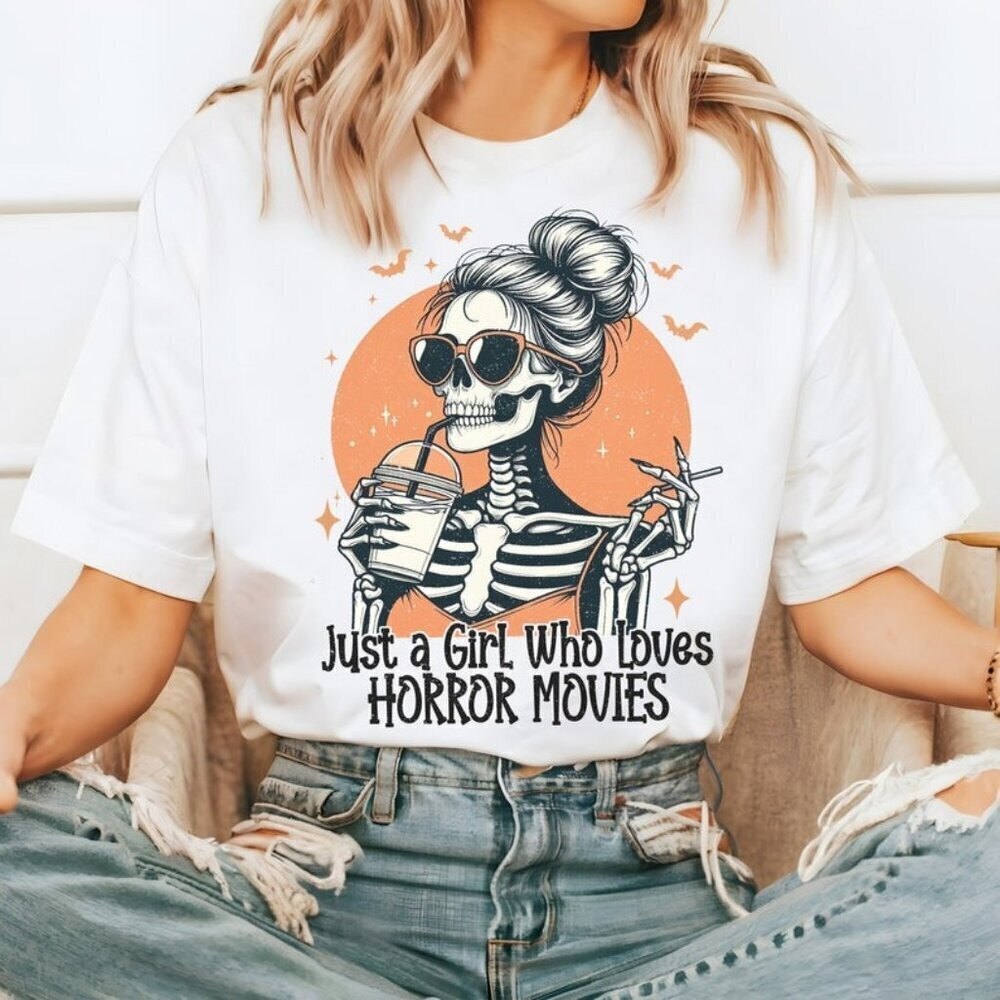 Girl Loves Horror Movies Halloween Sublimation Shirt Skeleton Girl Tshirt